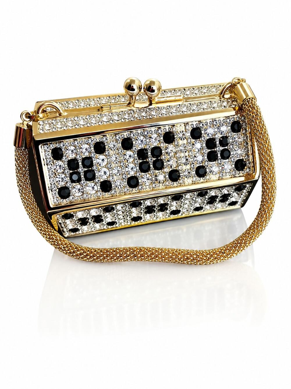 RARE Ruccini Jeweled Rhinestone Minaudiere Evening Bag Black Crystal Gold Purse
